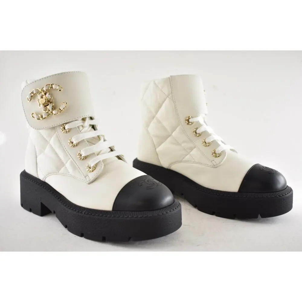 Chanel 24B White Quilt Gold CC Chain Combat Black Platform Ankle Short Boots 37c - Picture 3 of 16